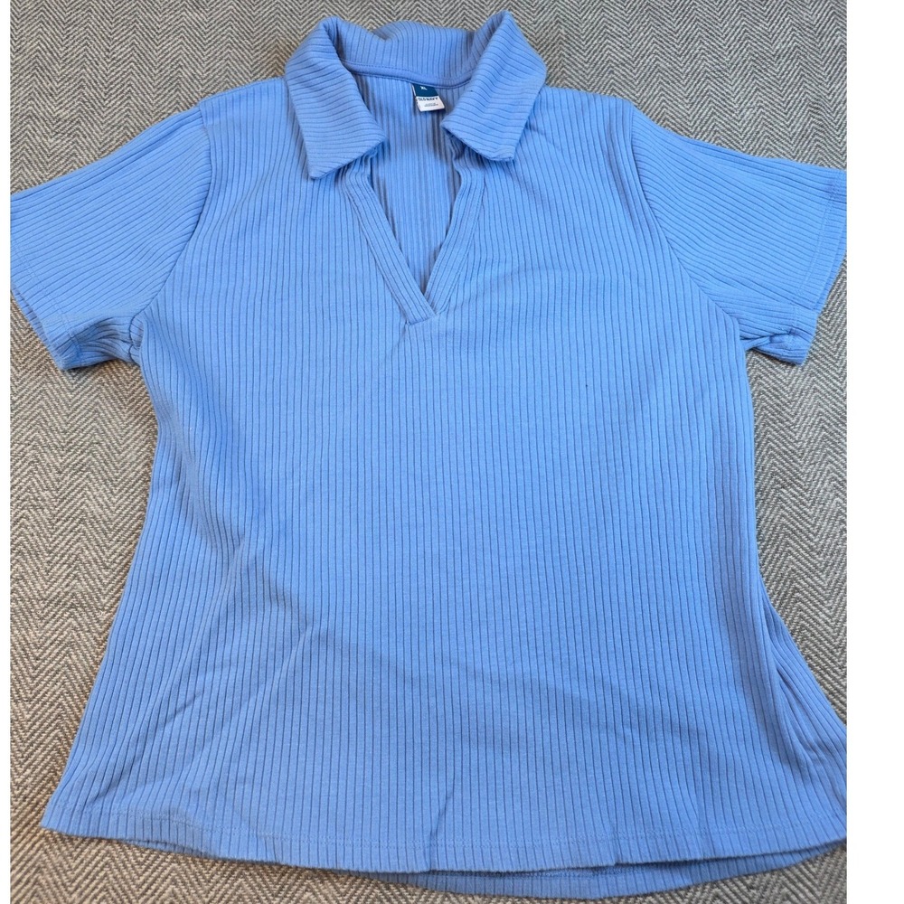Old Navy Womens XL Blue Ribbed Knit Short Sleeve V-Neck Polo Shirt
